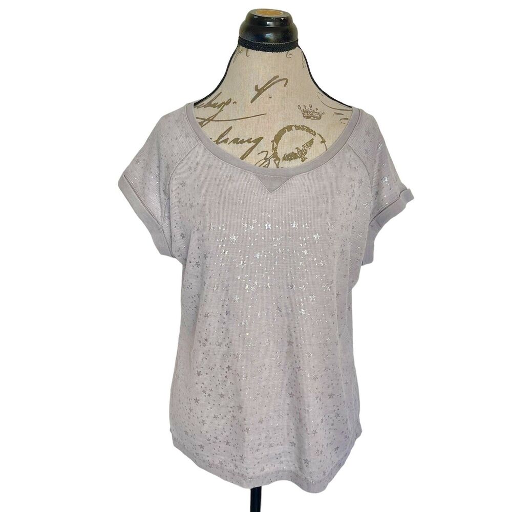 Jane and Delancey Womens Blouse Sz Medium Gray Shimmer Sparkle Silver Star Print